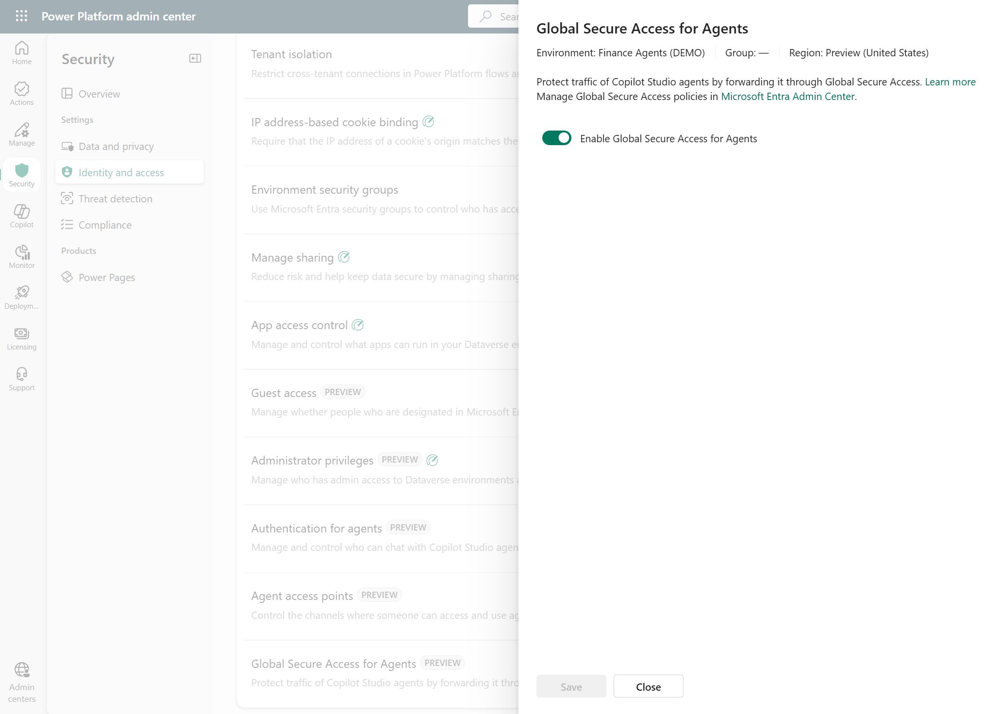 Global Secure Access for Agents wird im Power Platform Admin Center unter Security → Identity and access pro Environment aktiviert. Ab dann läuft der Agent-Traffic durch den Entra Internet Access Proxy.