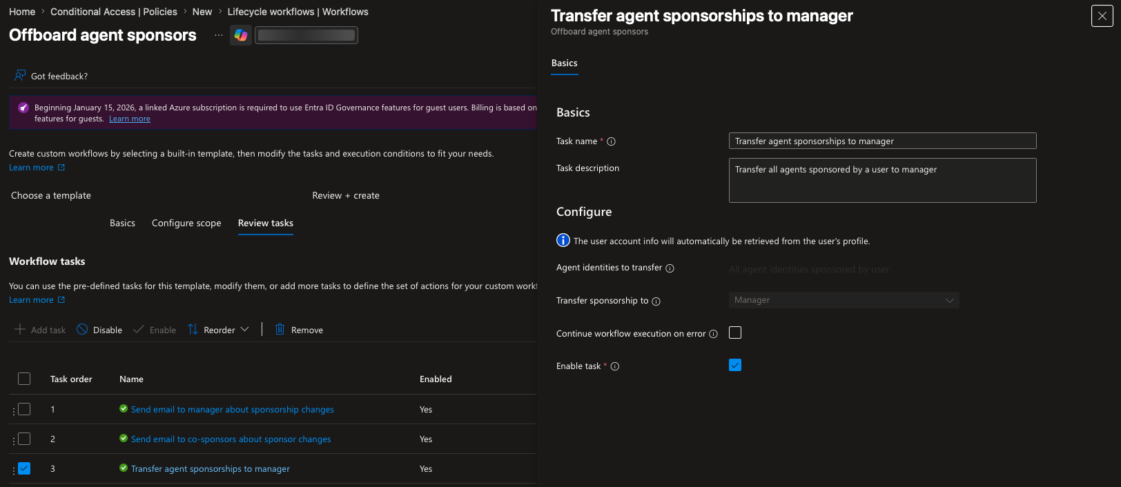 Lifecycle Workflow 'Offboard agent sponsors': Beim Austritt eines Sponsors informieren die Tasks Manager und Co-Sponsoren und transferieren die Sponsorship automatisch an den Manager.