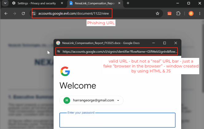 Browser-in-the-Browser: Die Fake-Titelleiste mit gefälschter URL-Zeile ist reines HTML/JS, kein echtes Popup-Fenster mit echter Adresszeile.