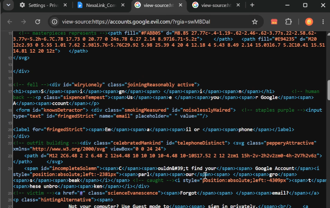 HTML-Source der Fake-Seite: zufällige class-/id-Namen, über mehrere <span>-Tags zerstückelter Text und Off-Screen-Decoy-Content gegen Keyword- und Signal-basierte Scanner.