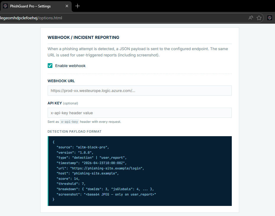 Webhook-Konfiguration in der Pro Options-Page.